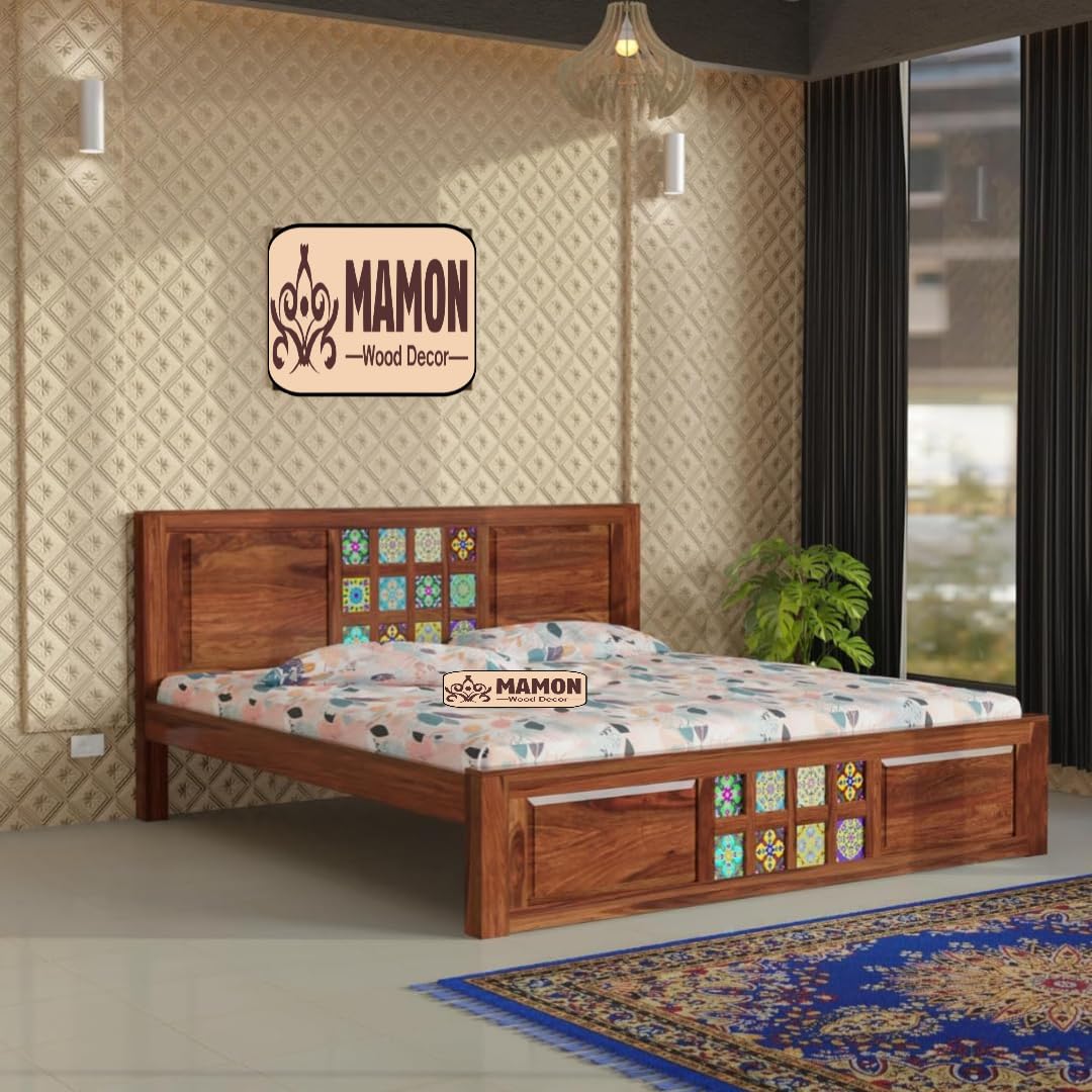 Mamon Wood Decor Solid Sheesham Wood Bed Without Storage with Tiles