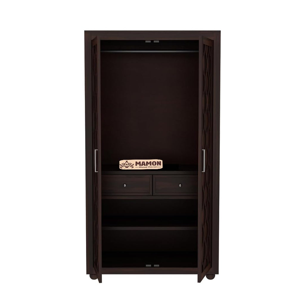 Mamon Wood Decor 2 Door Wardrobe with 2 drawers, 3 shelves & hanging - Walnut