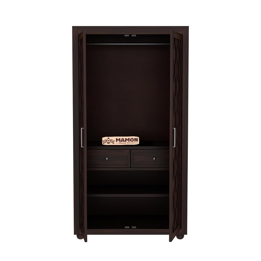 Mamon Wood Decor 2 Door Wardrobe with 2 drawers, 3 shelves & hanging - Walnut