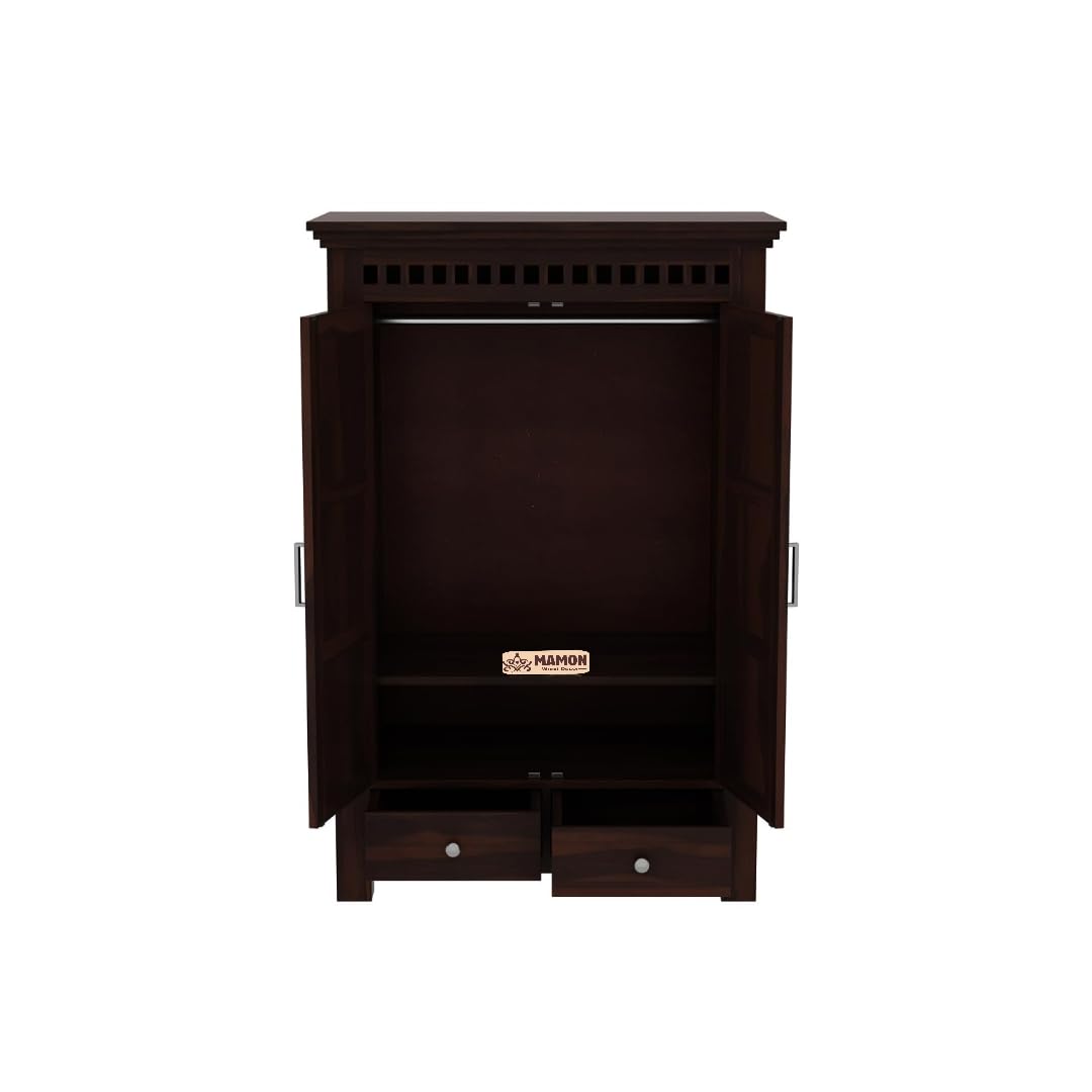 Mamon Wood Decor 2 Door Wardrobe with 2 drawers, 2 shelves & hanging - Walnut