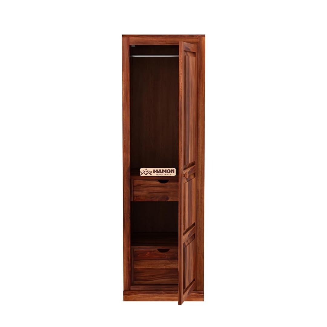 Mamon Wood Decor Single Door Wardrobe with 2 drawers, 2 shelves - Honey