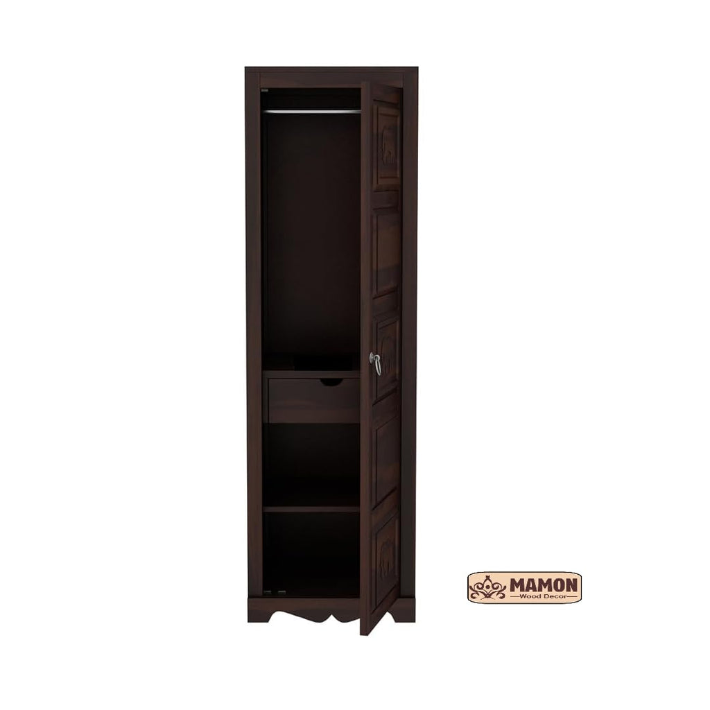 Mamon Wood Decor 1 Door Wardrobe with 1 drawer, 3 shelves & hanging - Walnut