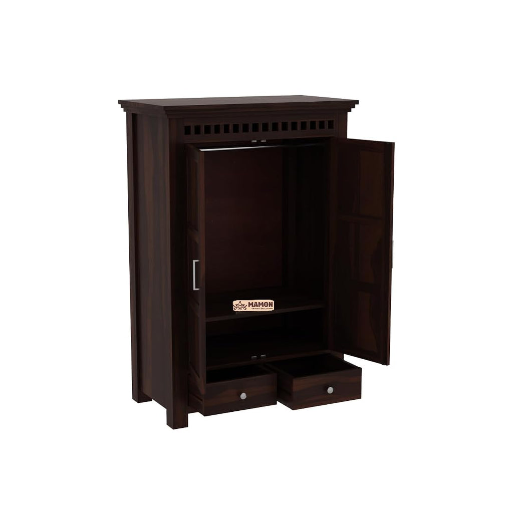 Mamon Wood Decor 2 Door Wardrobe with 2 drawers, 2 shelves & hanging - Walnut