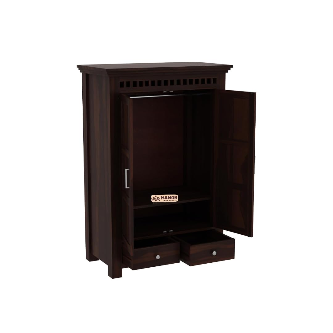 Mamon Wood Decor 2 Door Wardrobe with 2 drawers, 2 shelves & hanging - Walnut
