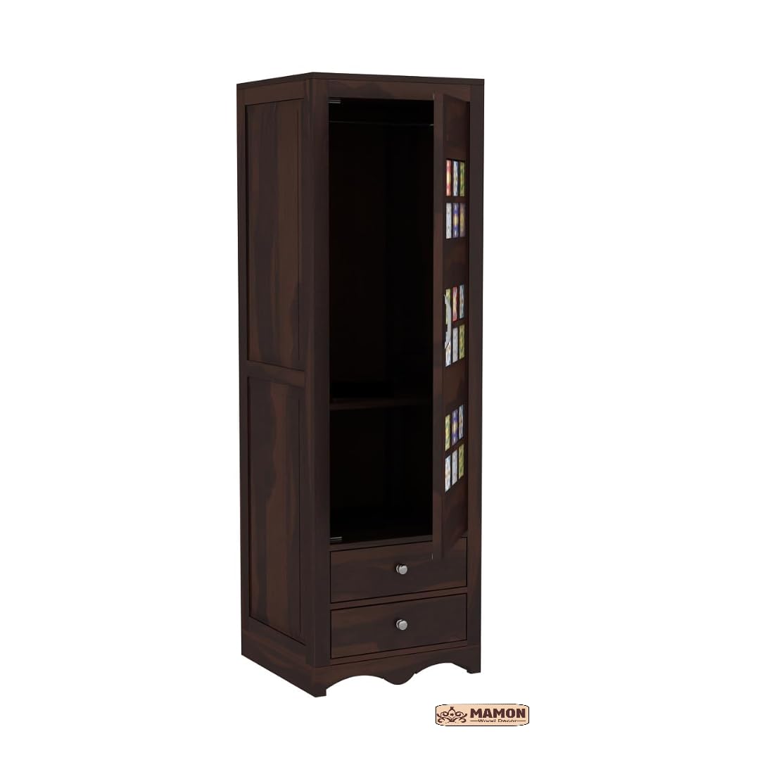 Mamon Wood Decor 1 Door Wardrobe with 2 drawers, 2 shelves & hanging - Walnut