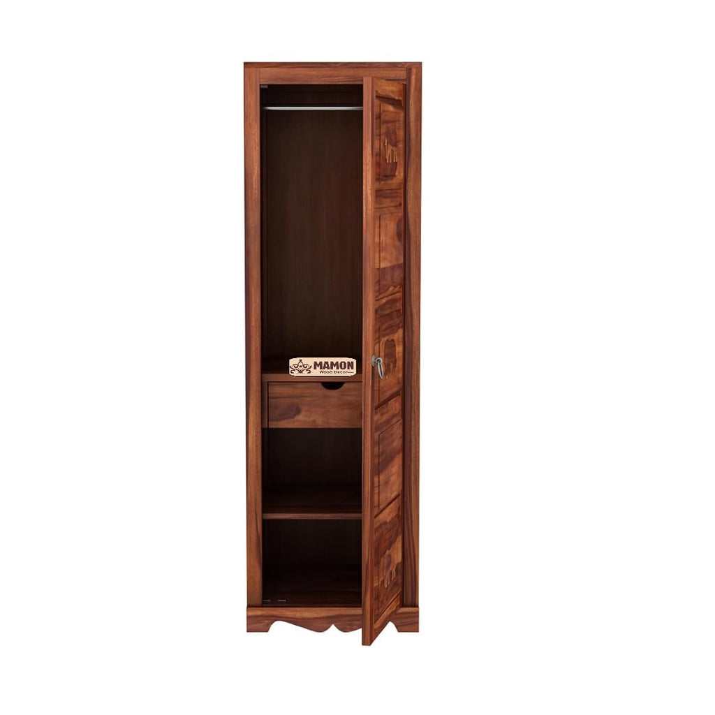 Mamon Wood Decor 1 Door Wardrobe with 1 drawer, 3 shelves & hanging - Honey