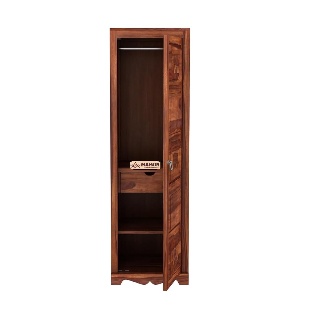 Mamon Wood Decor 1 Door Wardrobe with 1 drawer, 3 shelves & hanging - Honey