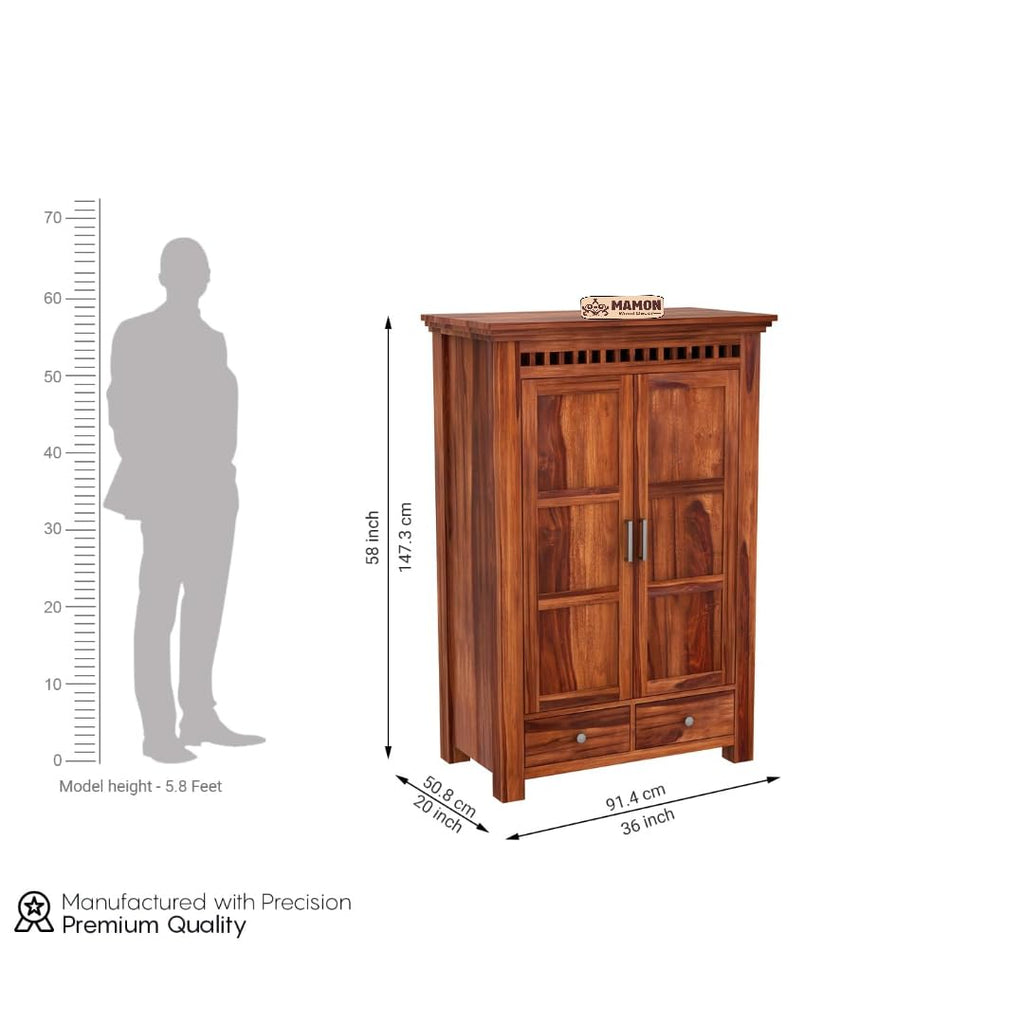 Mamon Wood Decor 2 Door Wardrobe with 2 drawers, 2 shelves & hanging - Honey