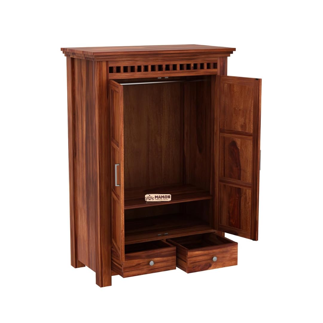 Mamon Wood Decor 2 Door Wardrobe with 2 drawers, 2 shelves & hanging - Honey