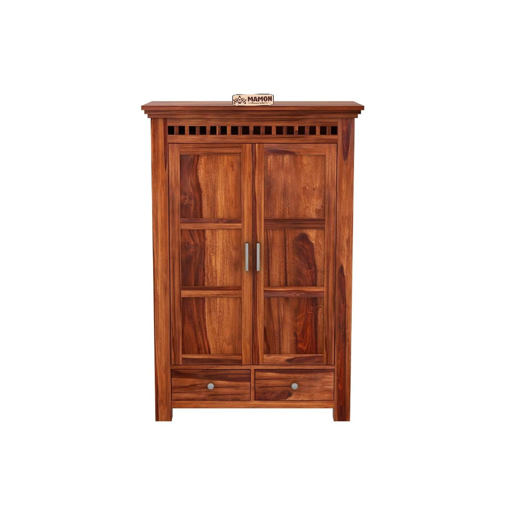 Mamon Wood Decor 2 Door Wardrobe with 2 drawers, 2 shelves & hanging - Honey