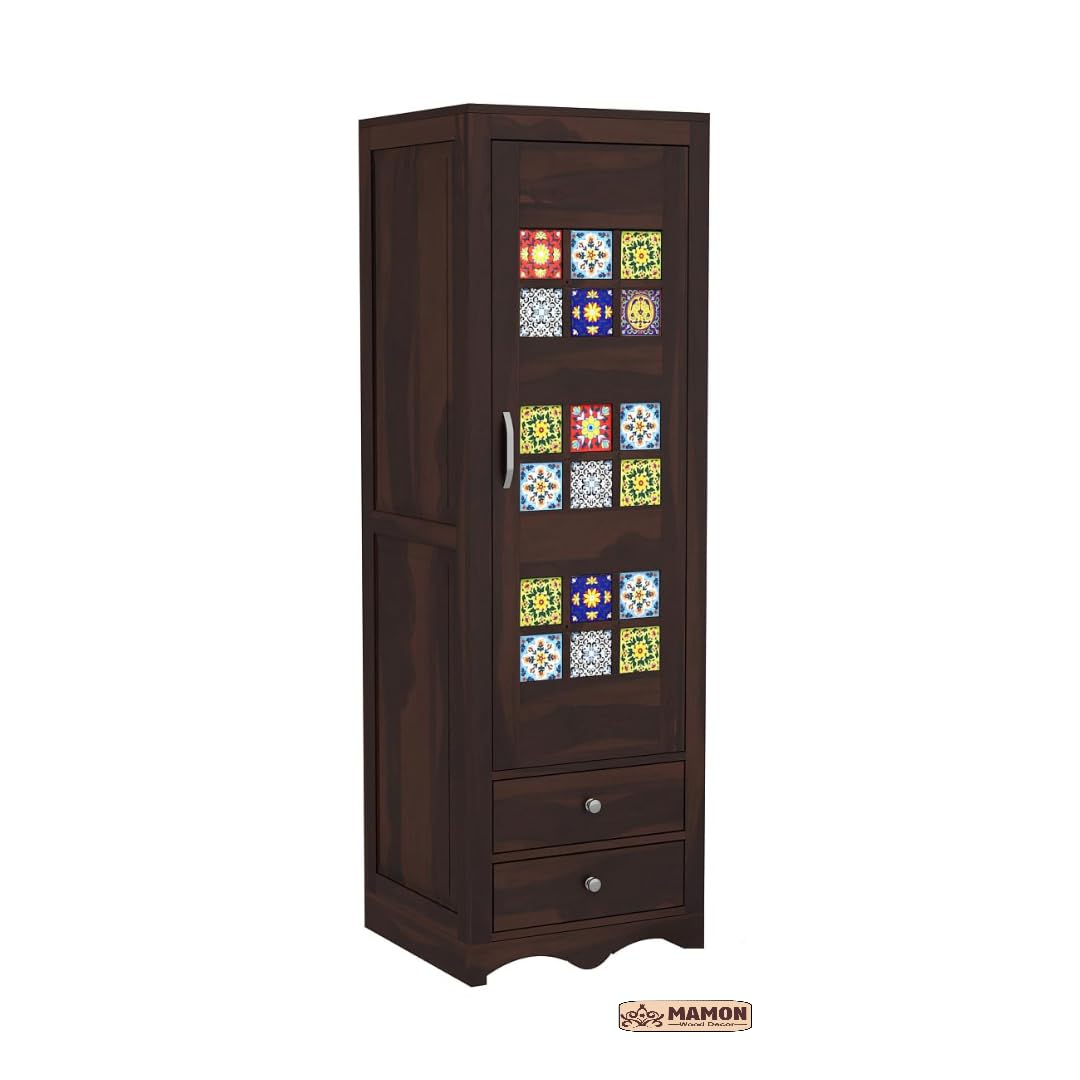 Mamon Wood Decor 1 Door Wardrobe with 2 drawers, 2 shelves & hanging - Walnut
