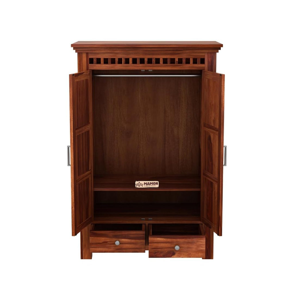 Mamon Wood Decor 2 Door Wardrobe with 2 drawers, 2 shelves & hanging - Honey