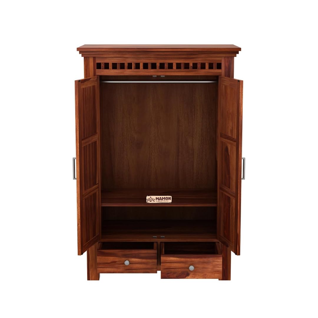 Mamon Wood Decor 2 Door Wardrobe with 2 drawers, 2 shelves & hanging - Honey
