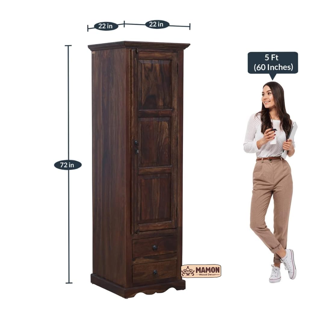 Mamon Wood Decor Sheesham Wood Wardrobe with Door and 3 Shelves – Brown