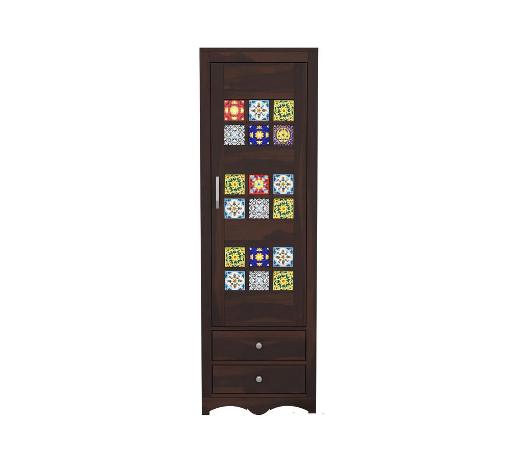 Mamon Wood Decor 1 Door Wardrobe with 2 drawers, 2 shelves & hanging - Walnut