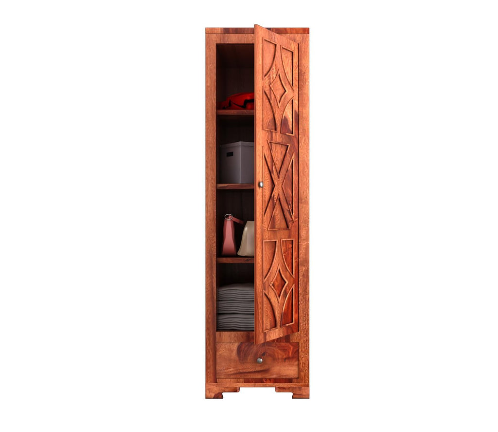 Mamon Wood Decor Single Door Wardrobe with 1 drawer & 4 shelves – Davis - Honey