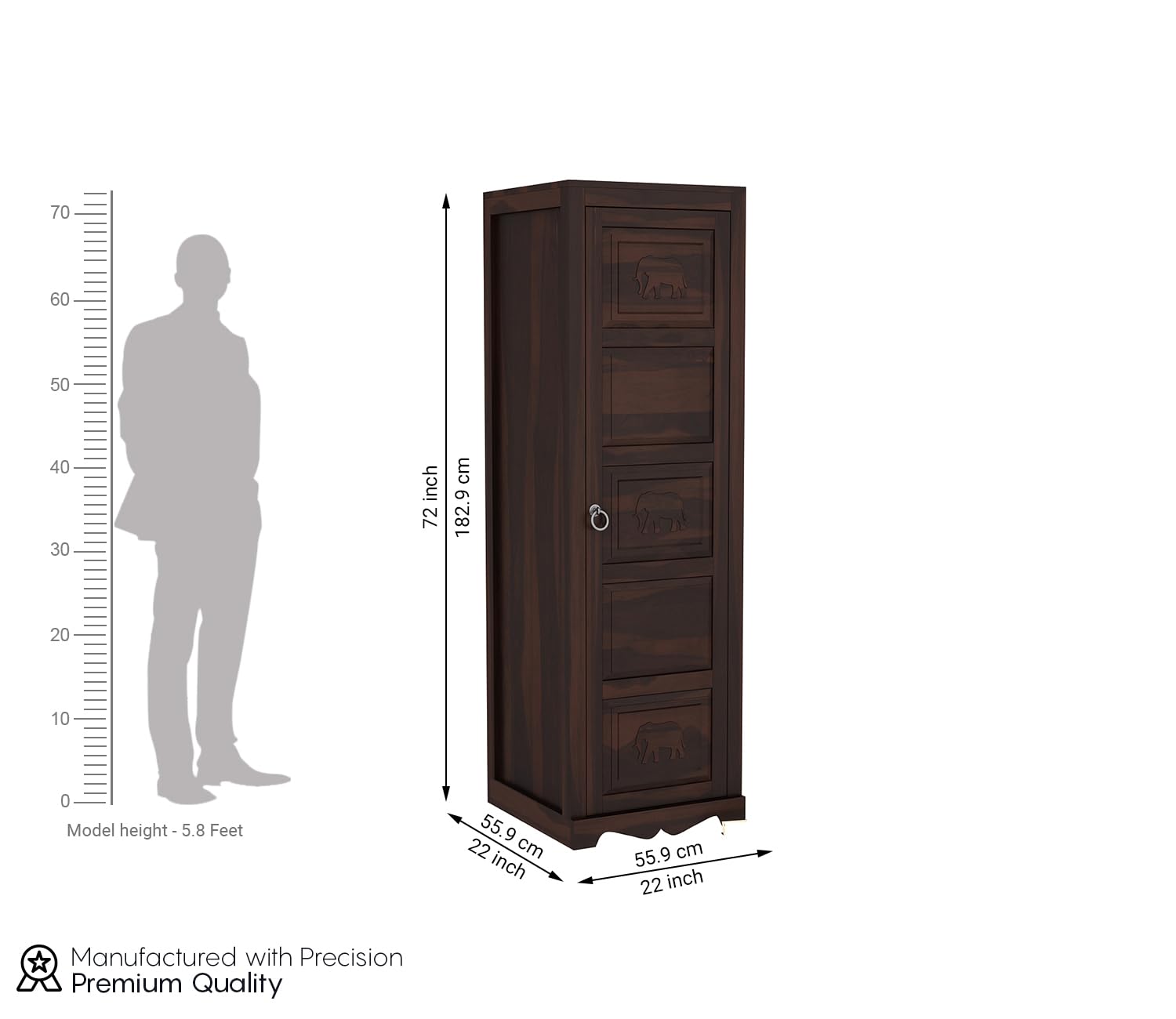 Mamon Wood Decor 1 Door Wardrobe with 1 drawer, 3 shelves & hanging - Walnut