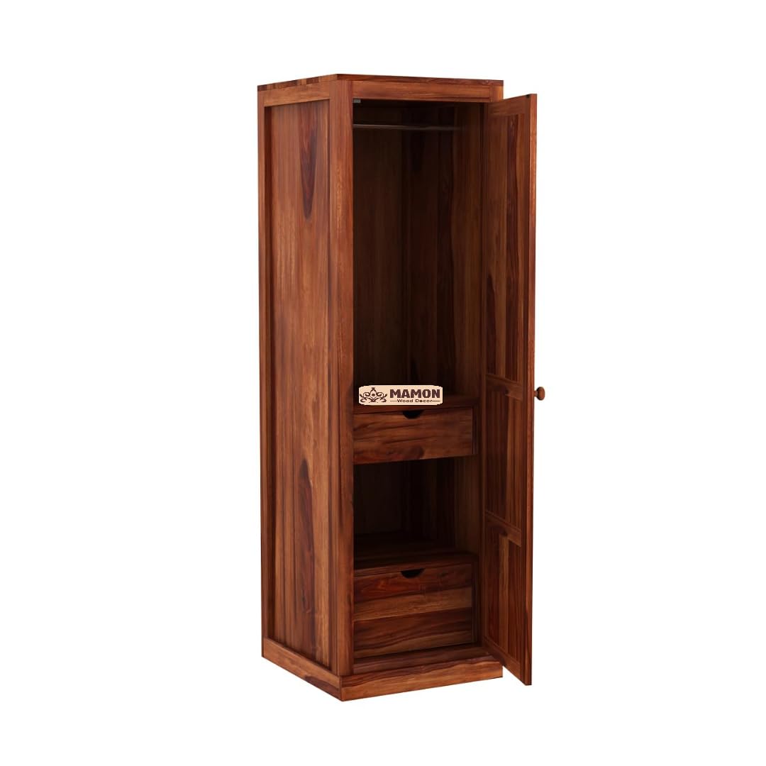Mamon Wood Decor Single Door Wardrobe with 2 drawers, 2 shelves - Honey