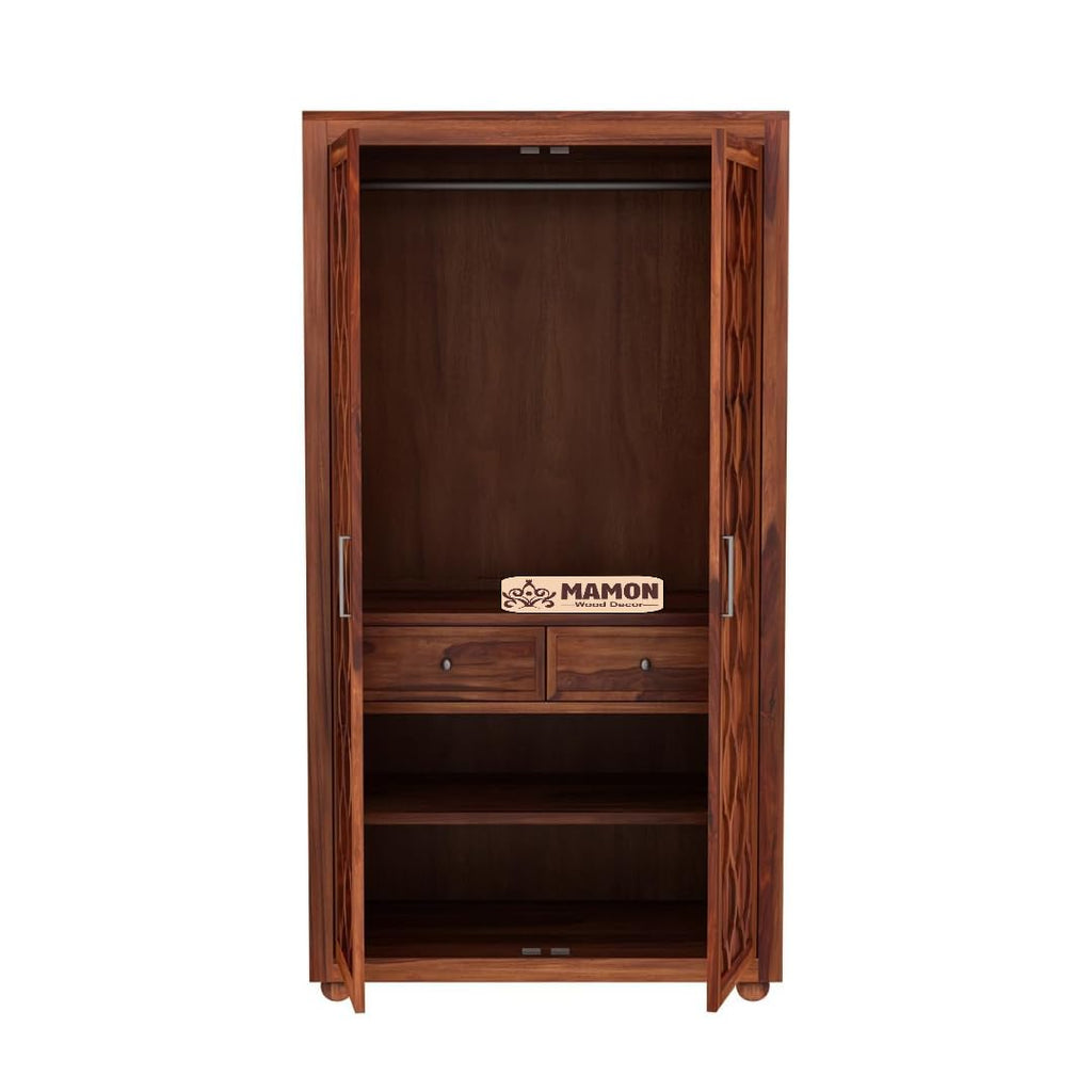 Mamon Wood Decor 2 Door Wardrobe with 2 drawers, 3 shelves & hanging - Honey