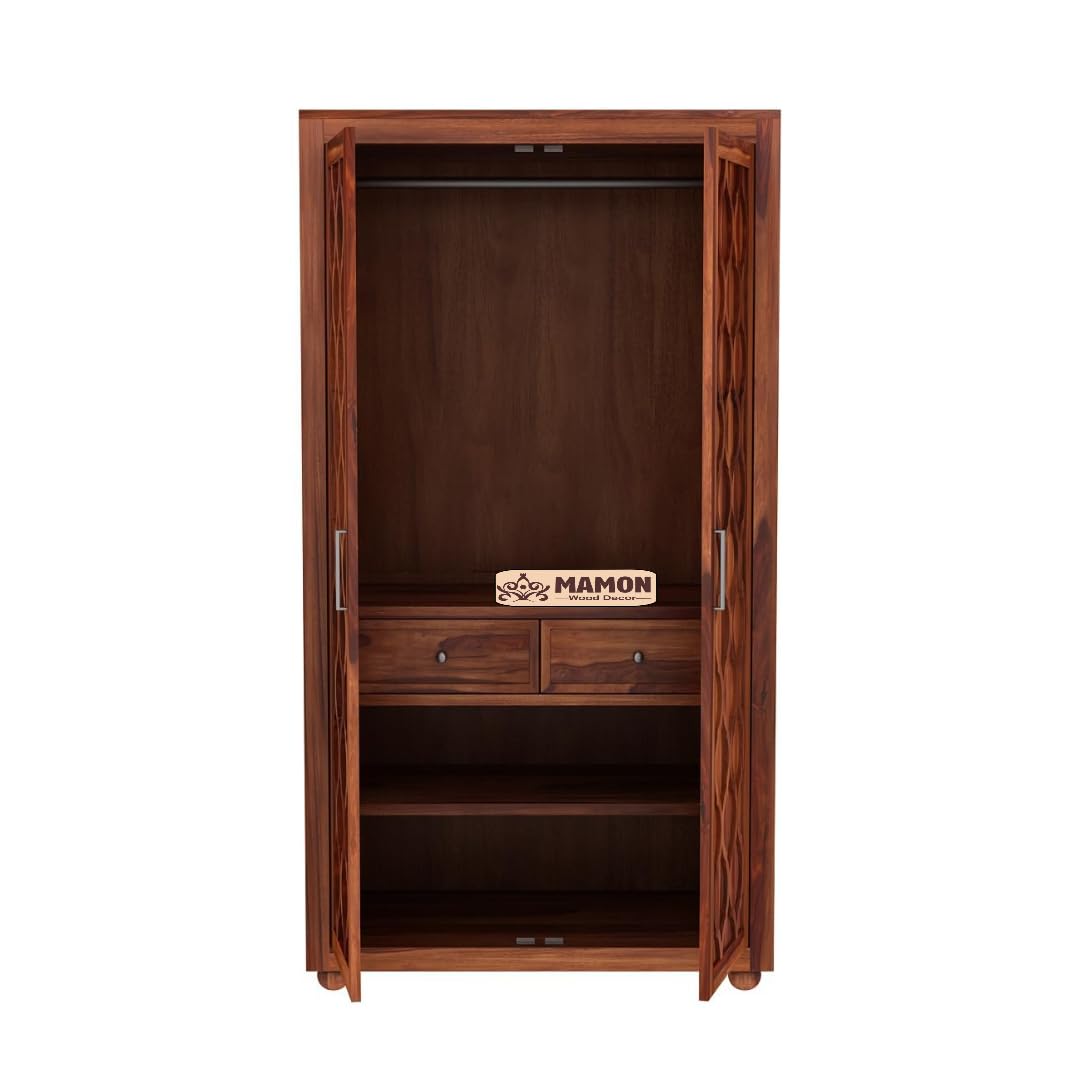 Mamon Wood Decor 2 Door Wardrobe with 2 drawers, 3 shelves & hanging - Honey