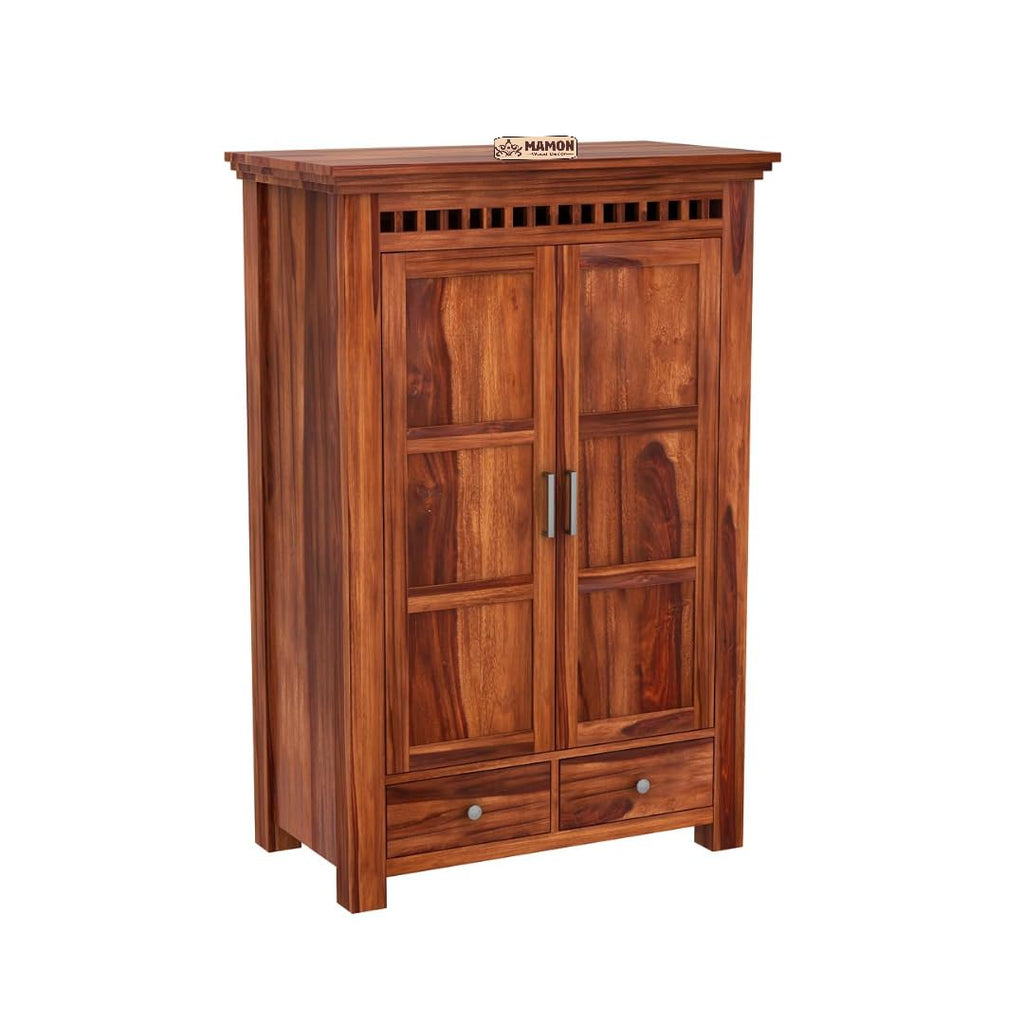 Mamon Wood Decor 2 Door Wardrobe with 2 drawers, 2 shelves & hanging - Honey