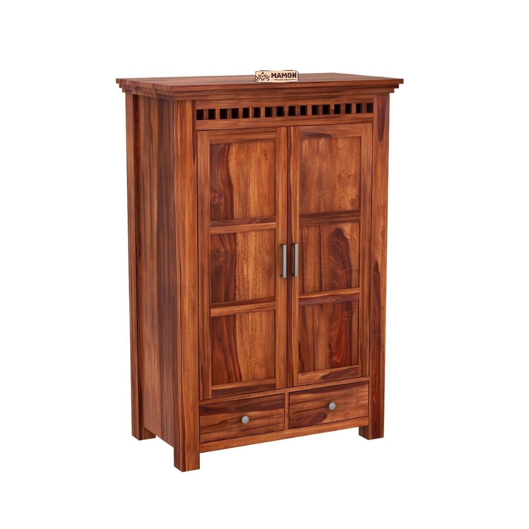 Mamon Wood Decor 2 Door Wardrobe with 2 drawers, 2 shelves & hanging - Honey