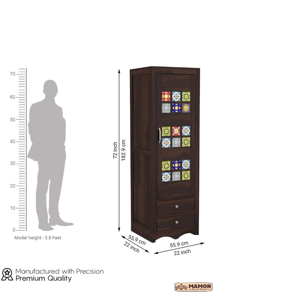 Mamon Wood Decor 1 Door Wardrobe with 2 drawers, 2 shelves & hanging - Walnut