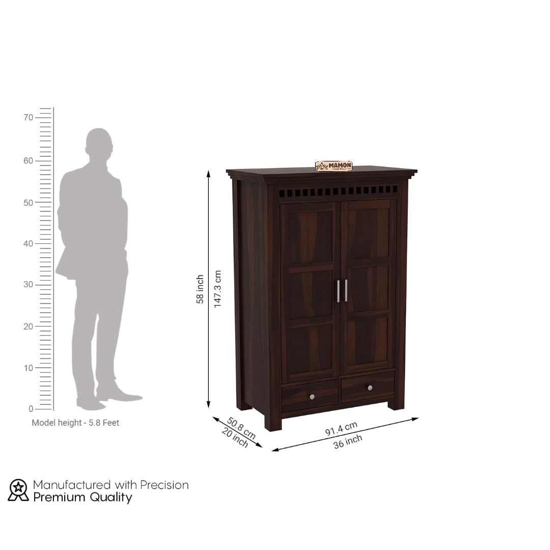 Mamon Wood Decor 2 Door Wardrobe with 2 drawers, 2 shelves & hanging - Walnut