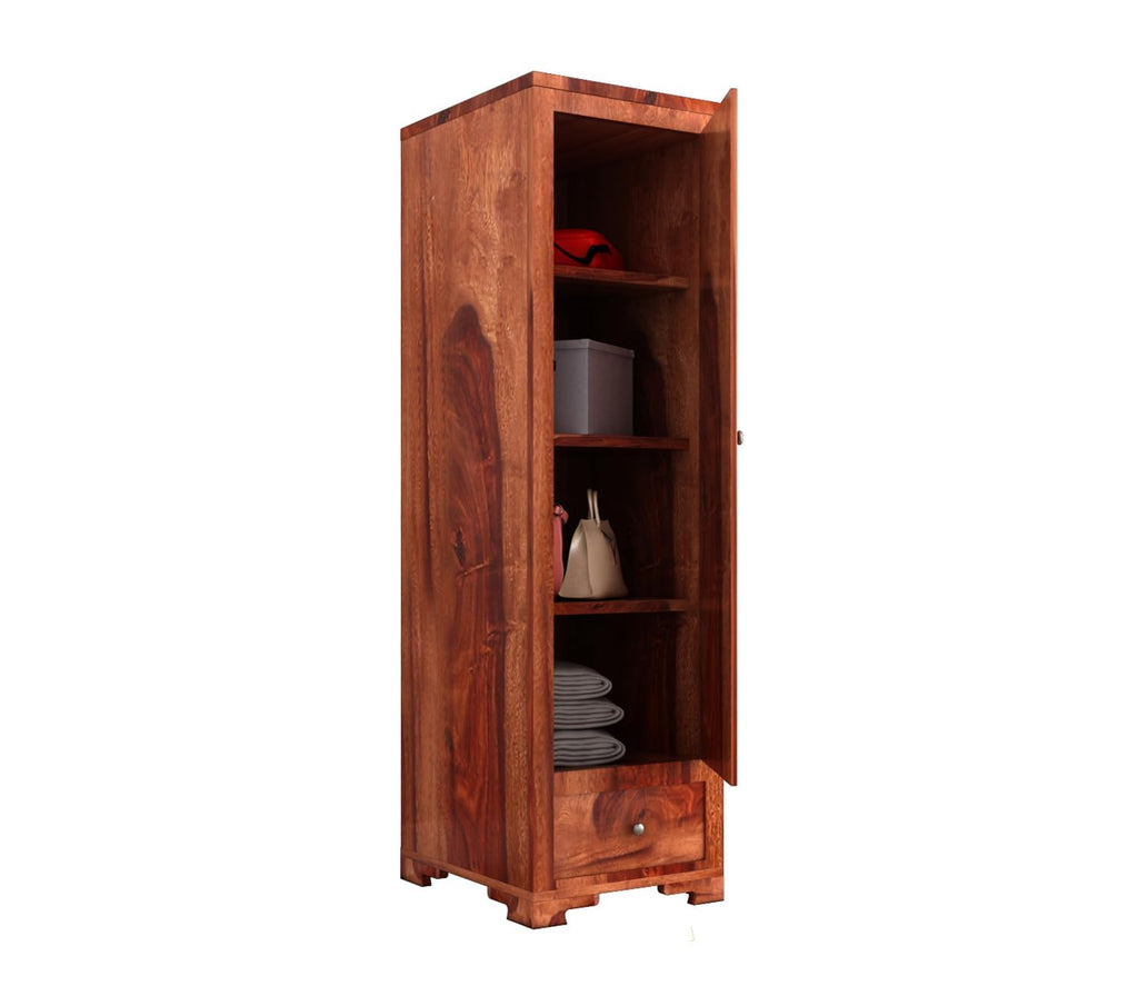 Mamon Wood Decor Single Door Wardrobe with 1 drawer & 4 shelves – Davis - Honey
