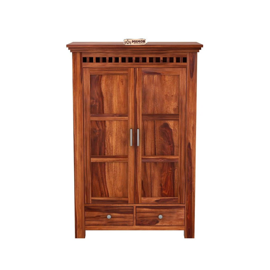 Mamon Wood Decor 2 Door Wardrobe with 2 drawers, 2 shelves & hanging - Honey