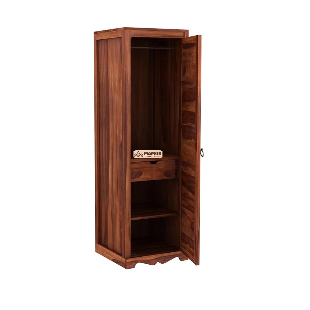 Mamon Wood Decor 1 Door Wardrobe with 1 drawer, 3 shelves & hanging - Honey