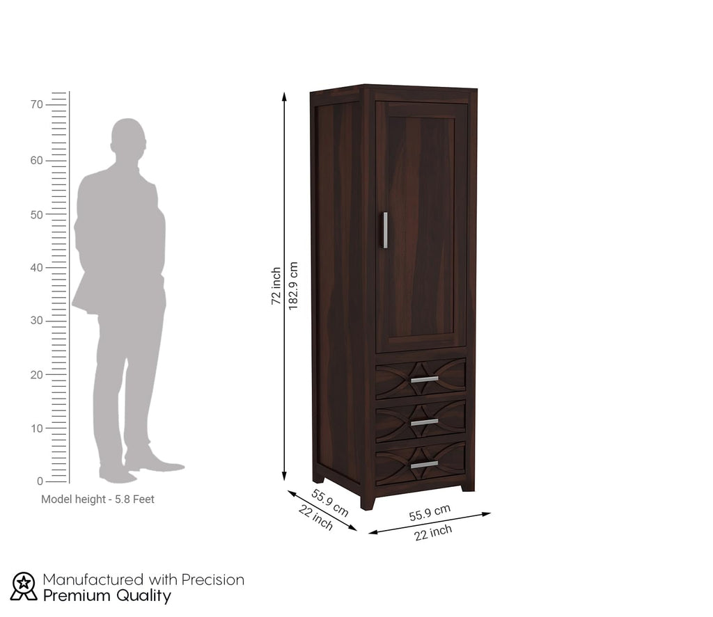 Mamon Wood Decor Single Door Wardrobe with 3 drawers & 3 shelves – Jack - Walnut