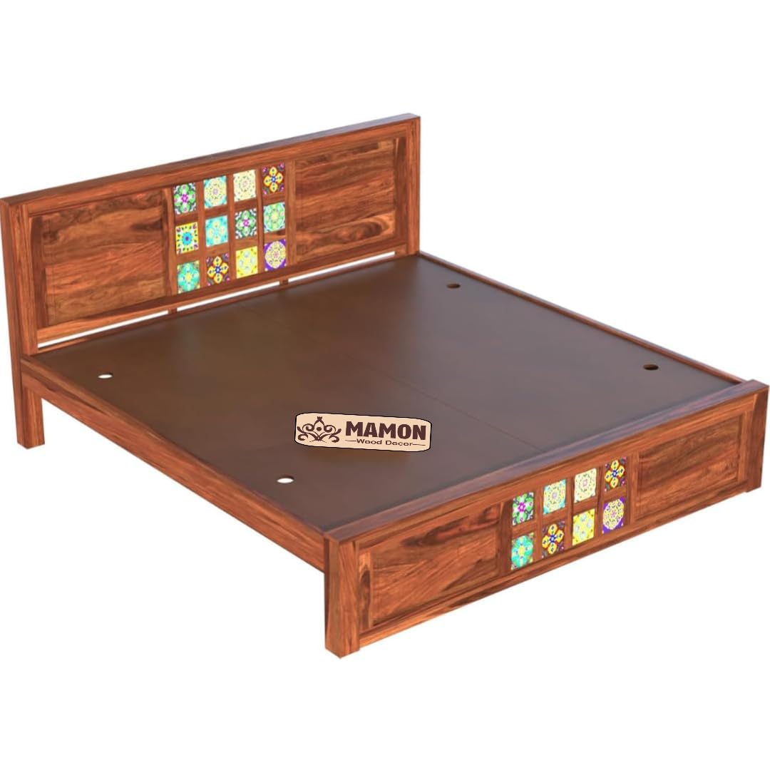 Mamon Wood Decor Solid Sheesham Wood Bed Without Storage with Tiles
