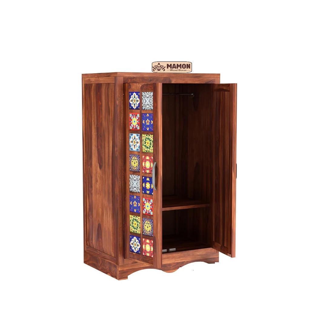 Mamon Wood Decor 2 Door Wardrobe with 2 shelves & hanging space – Ryan - Honey