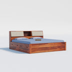 Angled view of honey finish storage bed with cushioned headboard
