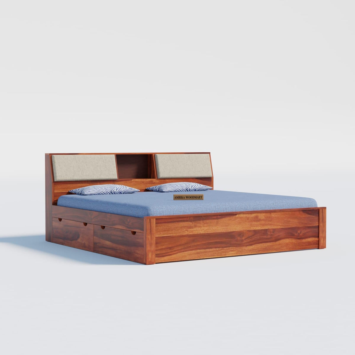 Angled view of honey finish storage bed with cushioned headboard