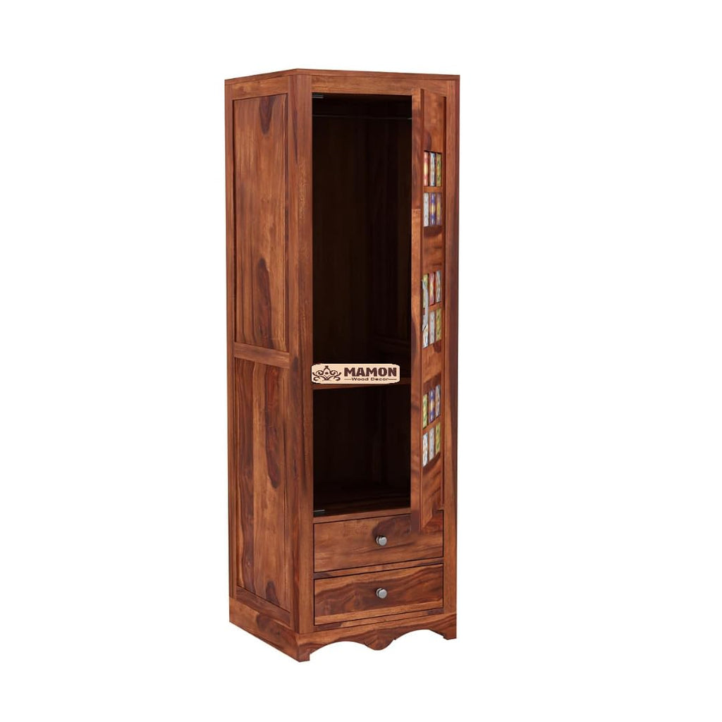 Mamon Wood Decor 1 Door Wardrobe with 2 drawers, 2 shelves & hanging - Honey