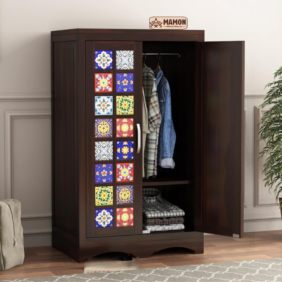 Mamon Wood Decor 2 Door Wardrobe with 2 shelves & hanging space – Ryan - Walnut