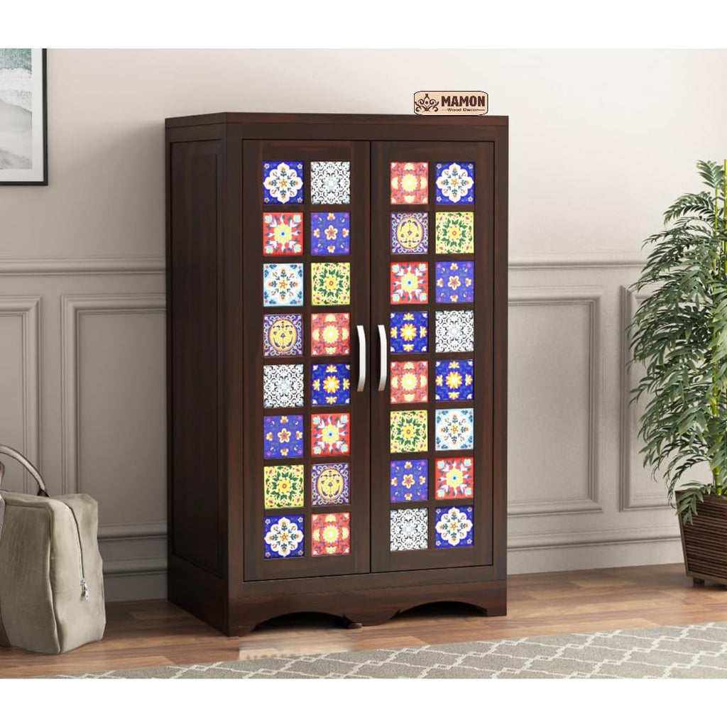 Mamon Wood Decor 2 Door Wardrobe with 2 shelves & hanging space – Ryan - Walnut