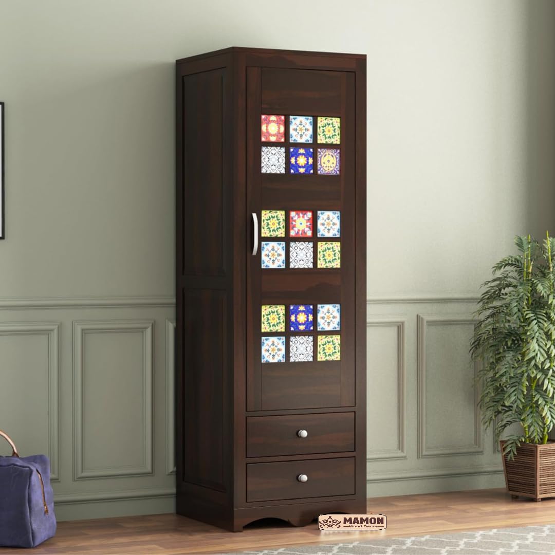 Mamon Wood Decor 1 Door Wardrobe with 2 drawers, 2 shelves & hanging - Walnut
