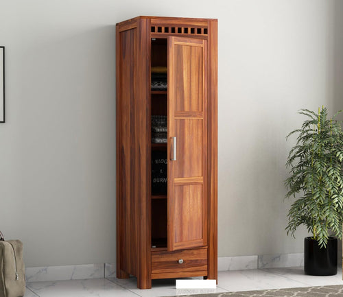 Mamon Wood Decor 1 Door Wardrobe with 1 drawer, 3 shelves & hanging - Honey