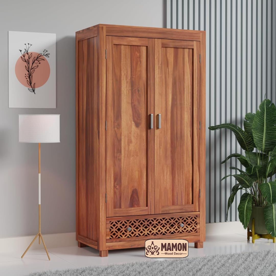 Mamon Wood Decor Solid Wood Wardrobe with Double Doors, Decorative - Honey Oak
