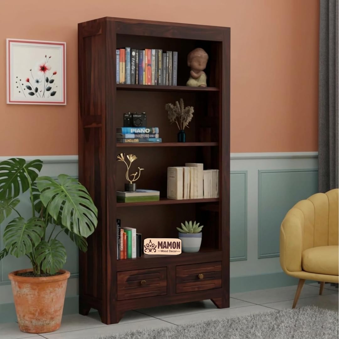 Mamon Wood Decor Solid Wood Semi-Open Book Shelf – Walnut