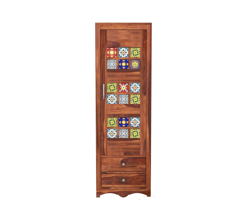 Mamon Wood Decor 1 Door Wardrobe with 2 drawers, 2 shelves & hanging - Honey