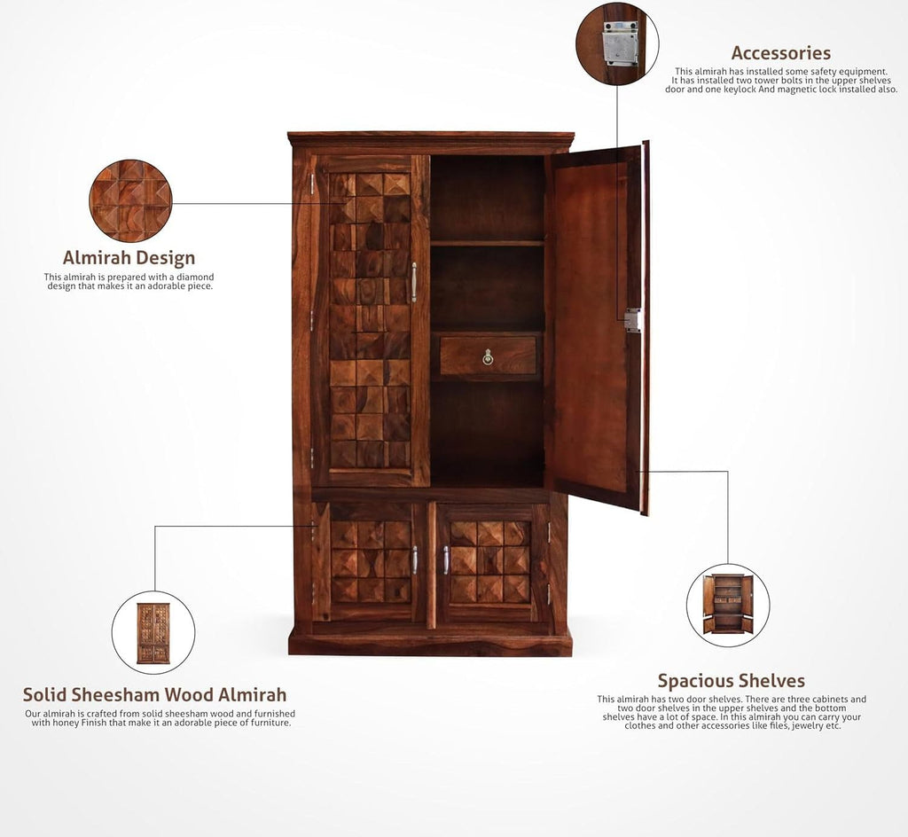 Ambica Woodmart Sheesham wood wardrobe in natural honey finish, photo 3