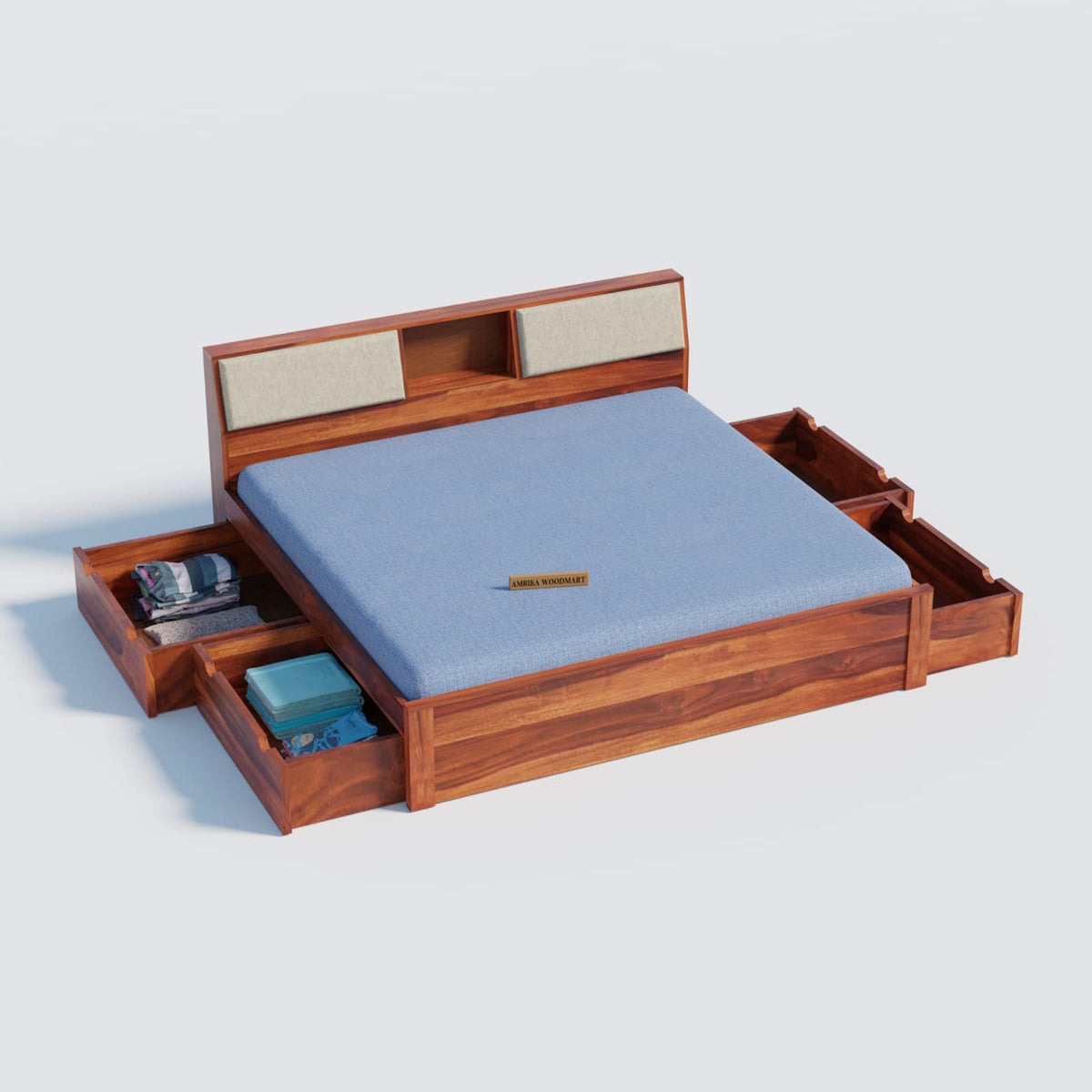 Ambica Woodmart Sheesham Wood Bed with 4 Drawers & Cushioned Headboard
