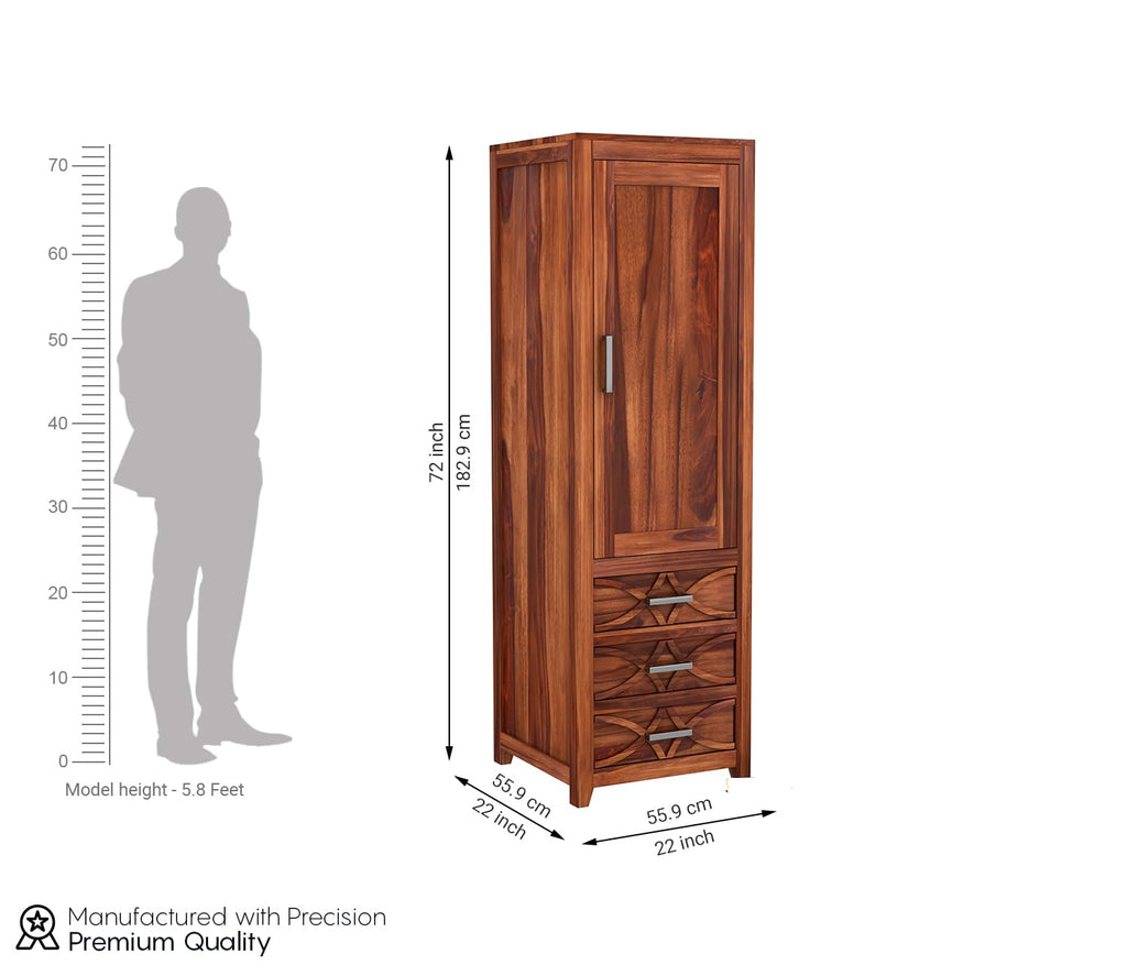 Mamon Wood Decor Single Door Wardrobe with 3 drawers & 3 shelves – Jack - Honey