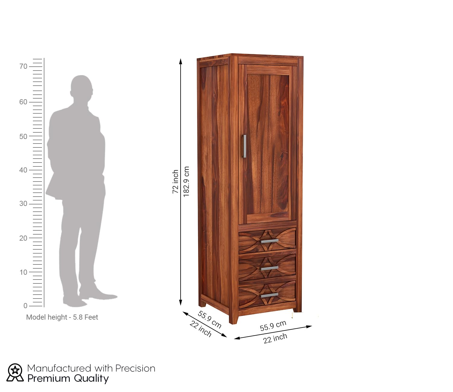 Mamon Wood Decor Single Door Wardrobe with 3 drawers & 3 shelves – Jack - Honey