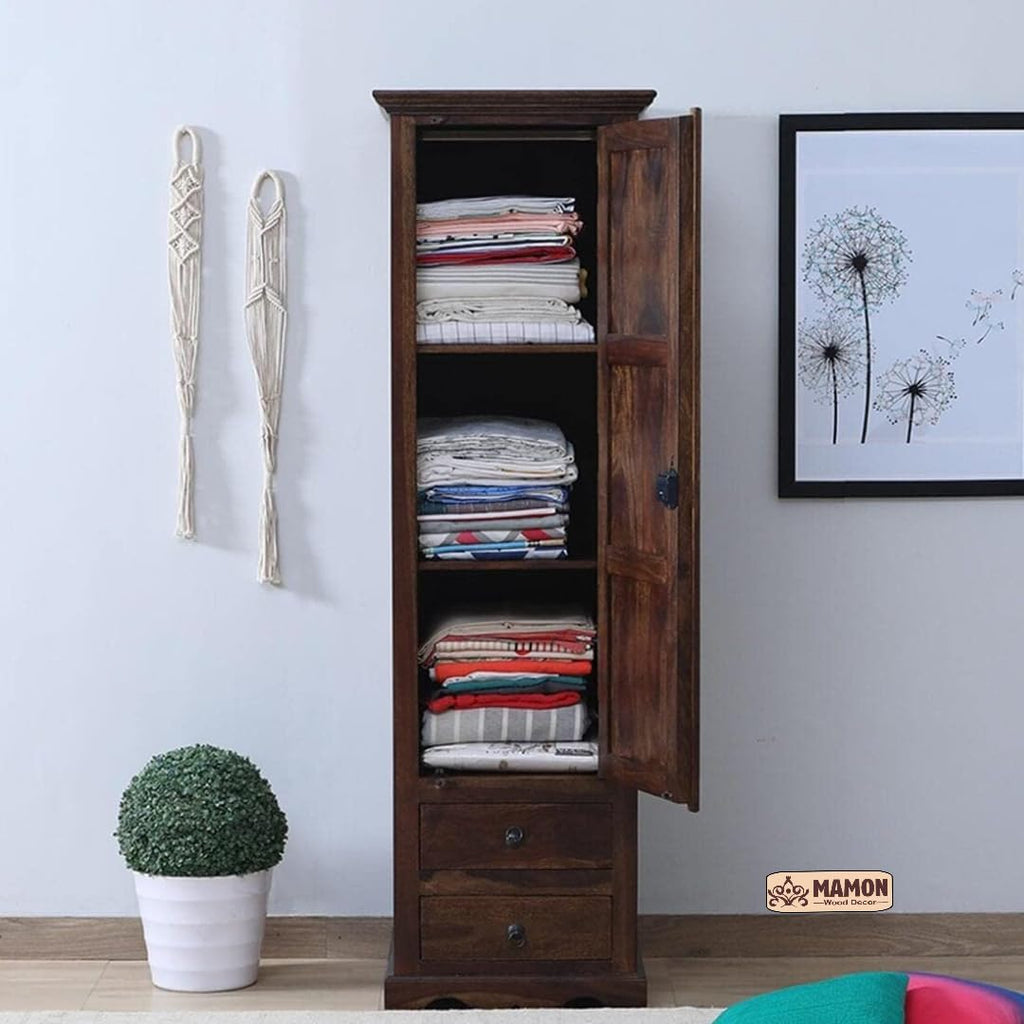 Mamon Wood Decor Sheesham Wood Wardrobe with Door and 3 Shelves – Brown