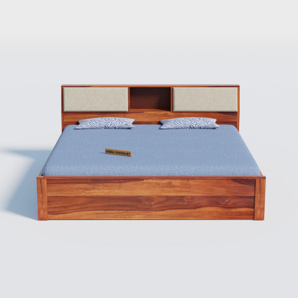 Front view of Sheesham wood bed with cushioned headboard and centre niche